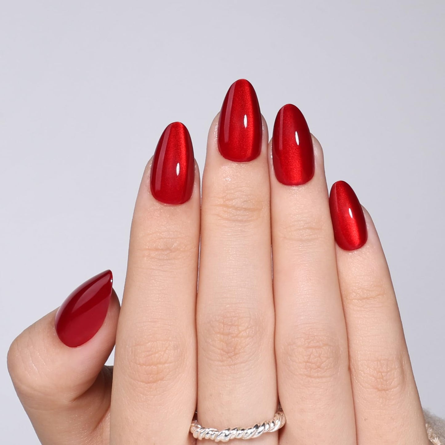 Cherry Red Cat Eye Press on Nails - Short Almond Press On Nails Press Ons for Women Red Fake Nails with Glue, Glossy Reusable Glue on Nail in 16 Sizes - 32pcs