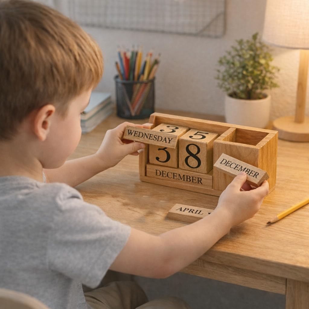 Frescorr - Calendar Block - Wooden Perpetual Desk Calendar - Home and Office Decor, 6.5 x 2.0 x 3.5 inches (Steam Beach)