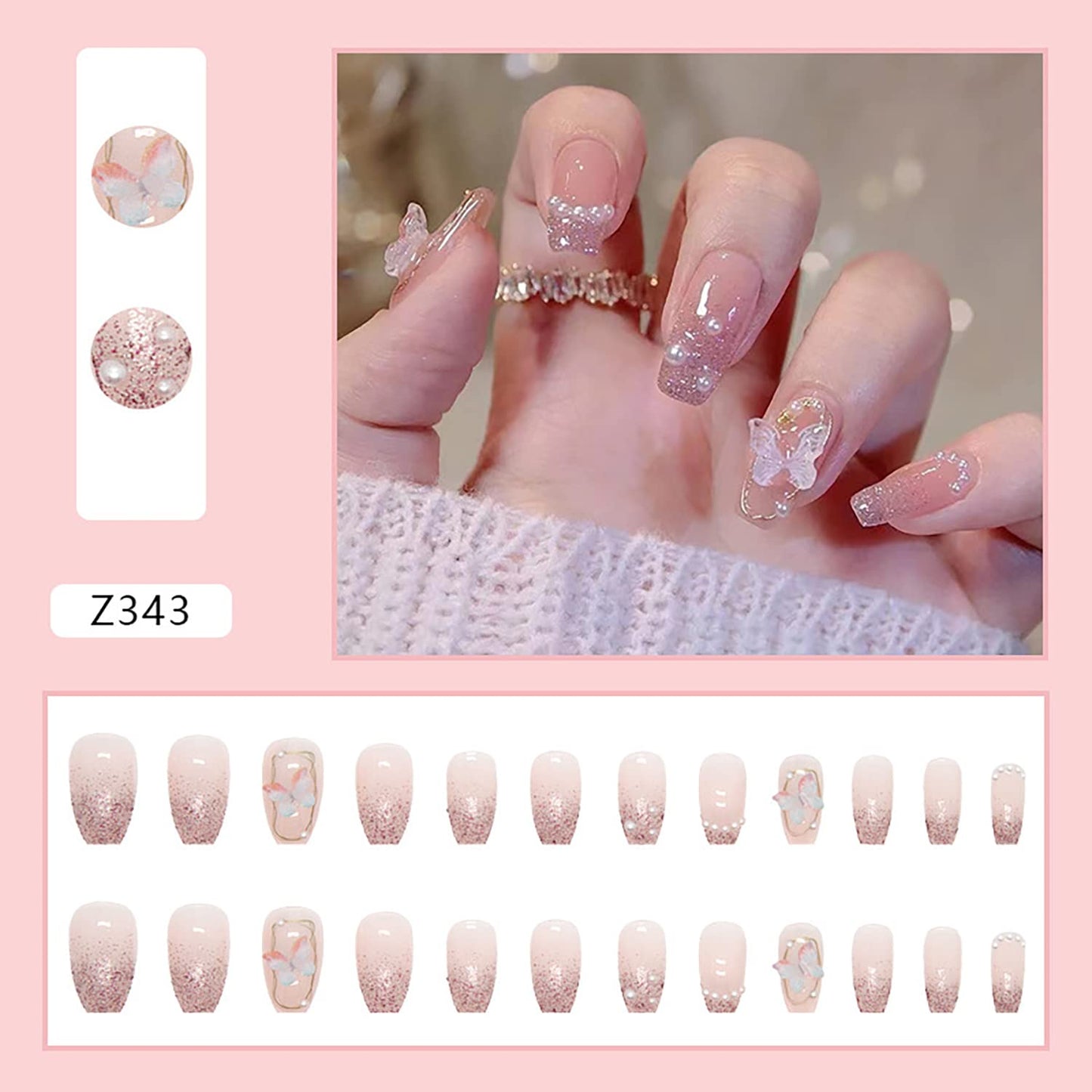 Press On Nails Square Medium Length, Artificial Acrylic Fake Nails With Butterfly Pearl Designs, 24Pcs Full Cover Reusable Coffin False Nails Set, Stick On Nails For Nail Art