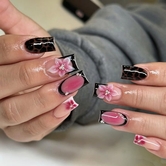 Long Square Press on Nails Black French Tip Fake Nails with Tortoise Shell & 3D Flower Pearls Design Nude False Nails Full Cover Glue on Nail for Women, Elegant Dark Floral Manicure Kit 24Pcs