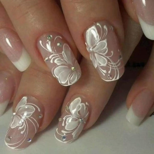 Square Press on Nails Medium - White Fake Nails with Flower Design - Rhinestone, French Tip Full Cover Stick on Nails - for Women 24 Pcs