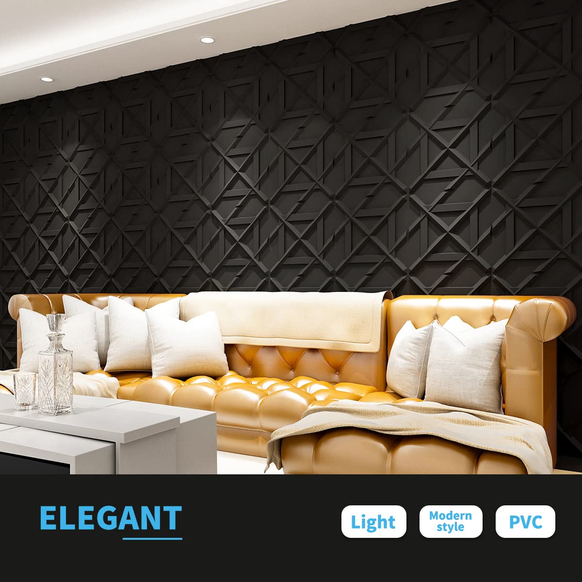 Art3d PVC 3D Wall Panel, Decorative Wall Tile in Black 12-Pack 19.7"x19.7"