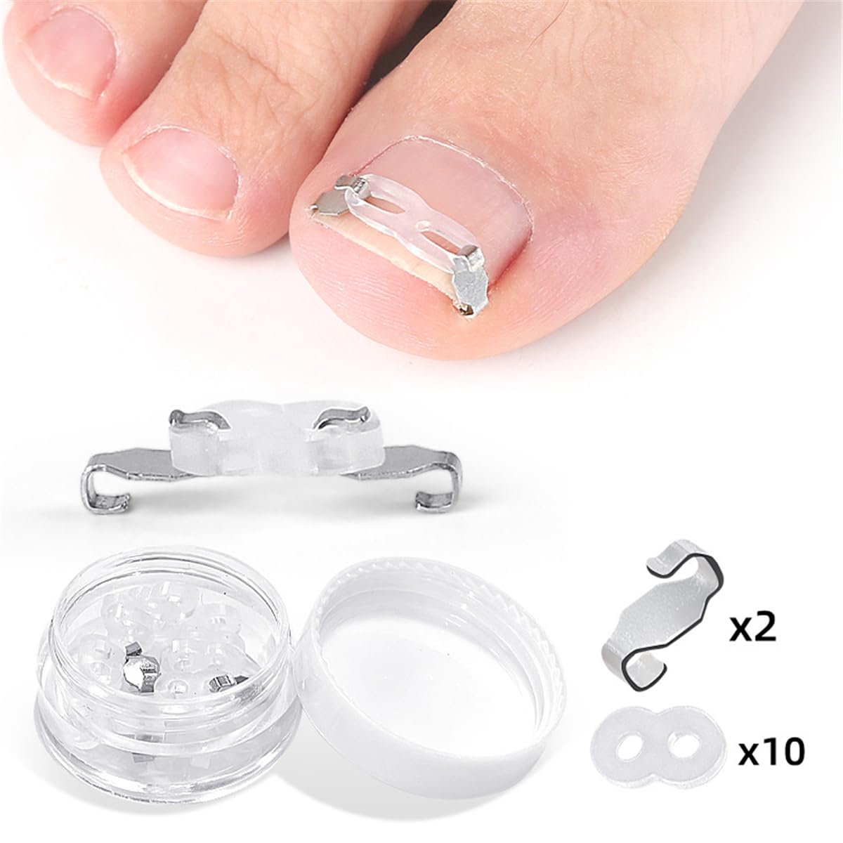 Ingrown Toenail Correction Tool Set, 2 Stainless Steel Insert Clips Ingrown Toenail Treatment Elastic Silicone Strips Ingrowns Nail Corrector Patch Pedicure Tool Removal Kit for Curved Toe Nail Repair