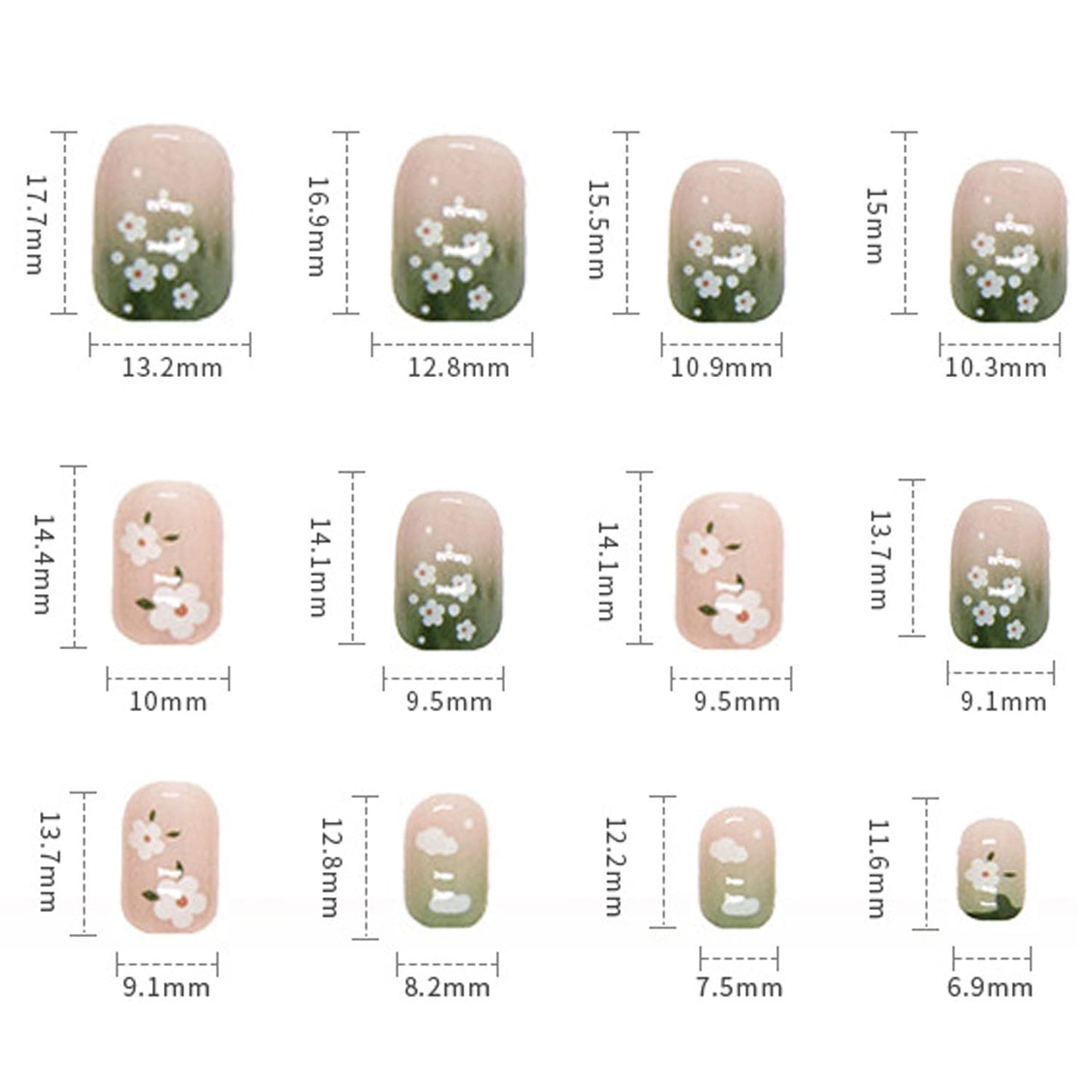 Glue on Nail Short Square Length, 24Pcs Full Cover Reusable False Nails, Press on Nails with Small Flower Designs, Artificial Coffin Acrylic Fake Nails for Women Stick on Nails with Charm Decorations