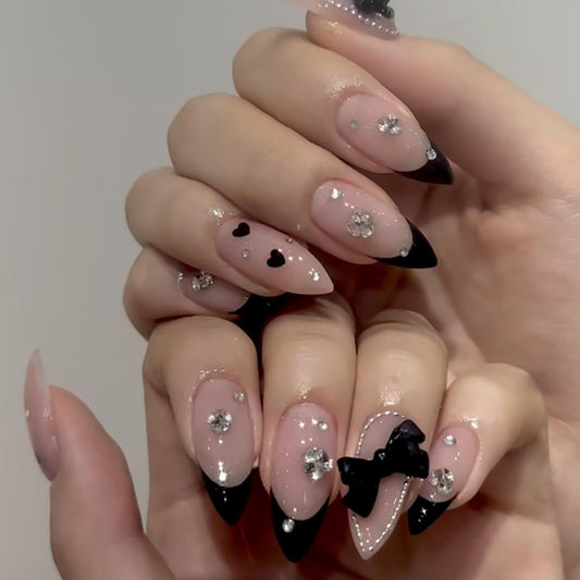 Hkanlre Medium Press on Nails Almond Tips Full Cover Fall Black False Nails Medium Nude Fake Nails for Women 24PCS