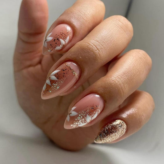 CTTHNBD Press on Nails Medium - Almond Fake Nails with Flower Design - Gold Glitter Full Cover Stick on False Nails - for Women 24 Pcs