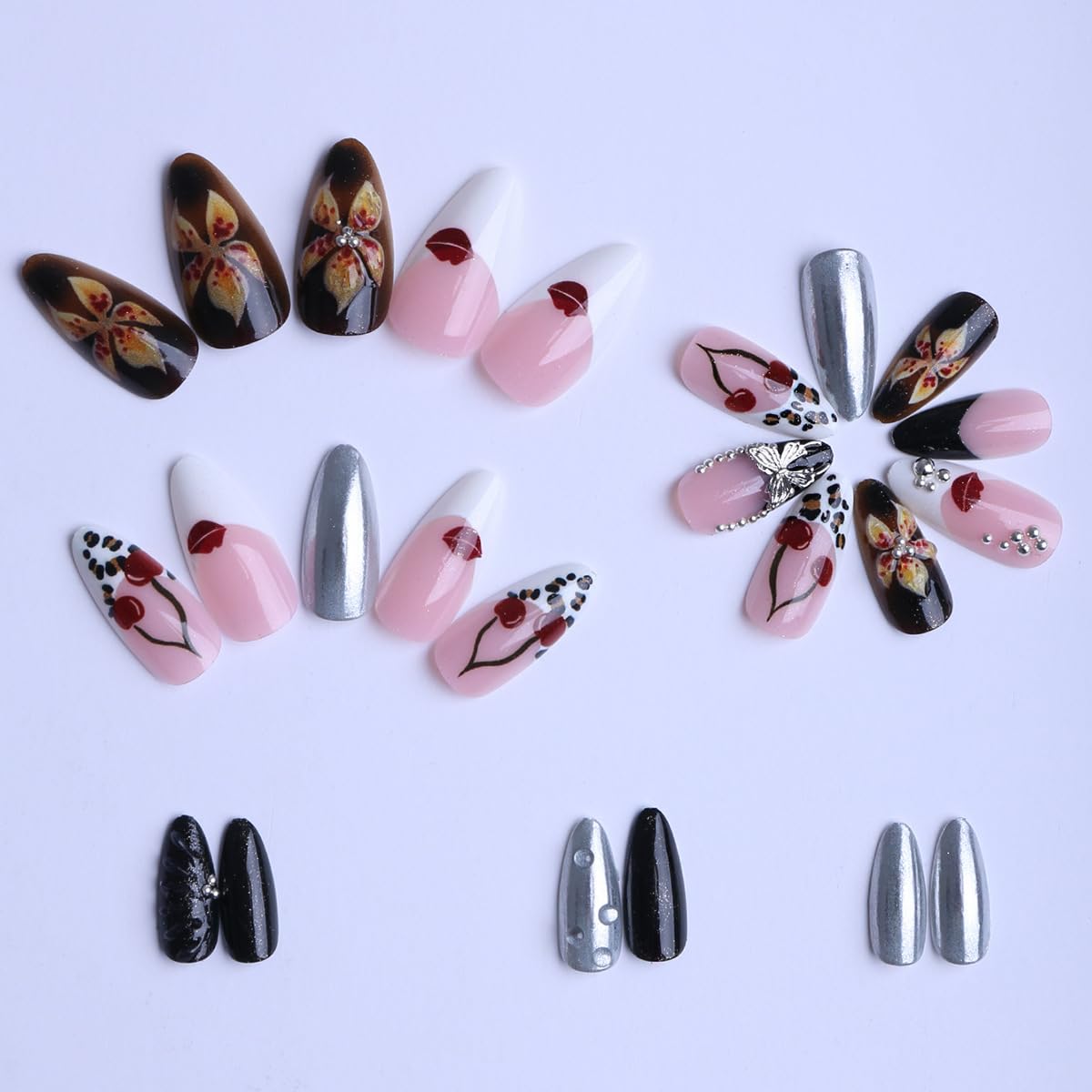 Long Almond Press on Nails for Women,Cherry & Silver Metallic,Fake Nails Artificial Stick on Nails
