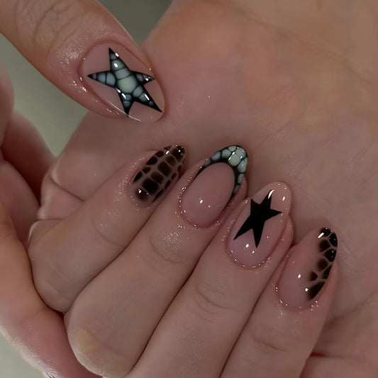 LOHAS Home Handcrafted Sweet-Yet-Edgy Gradient Wearable Nails Reusable Almond-shaped Nail, Dark Stars, M
