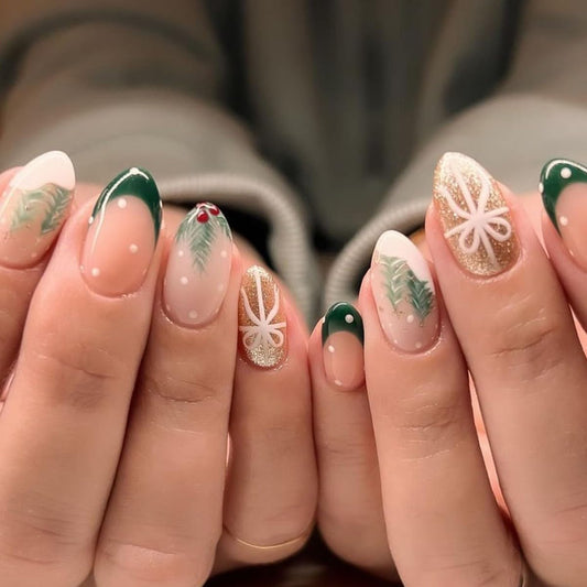 Medium Press on Nails Christmas Green French Tip Fake Nails Gold Glitter Almond Fake Nails with Polka Dot Designs Winter Xmas False Nails Full Cover Glue on Nails for Women Manicure Kit 24Pcs