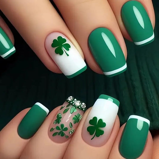 24Pcs St. Patrick's Day Press on Nails Short Square QUNQINLI Green Fake Nails with Four-Leaf Clover Rhinestones Designs White Nails Press ons Glossy Full Cover French Glue on Nails for Women