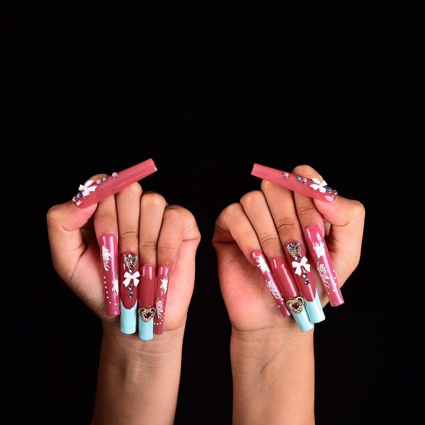 Tmani 10pc/set Extra Long Handmade Press On Nail Hot Girl's Long Ballet Nails Square Nail Full of Diamond Glitter Decoration Fake Nails Suitable For Girls Festival Parties and Birthday Gift (185,L)
