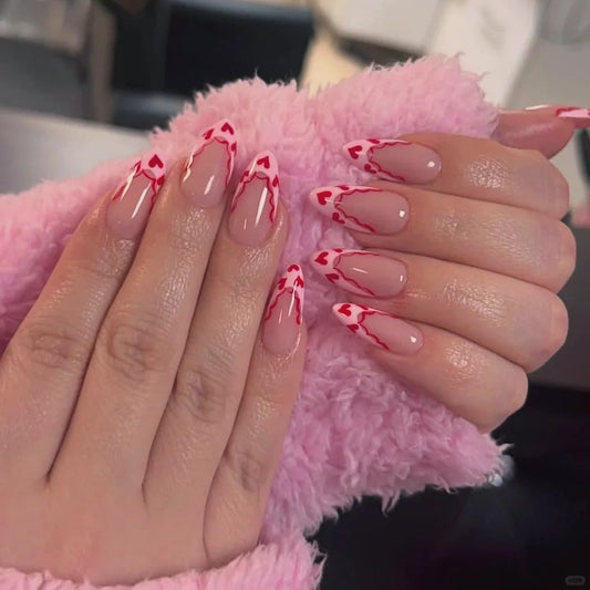 Handmade Almond Heart Designs Pink French Tip Nails Press ons Glossy Glue on Nails Full Cover stick on nails for Women 10Pcs (MT-109, S)