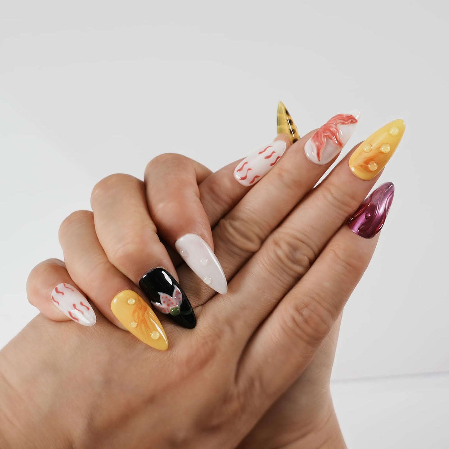 Tesytto Tesytto 3D Flower Press on Nails Almond - Handmade Multicolor Design with Dewy Water Droplets, Luxury Salon Quality Reusable Fake Nails (Bold Bloom & Dot Glam, L)