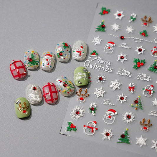 5D Embossed Christmas Nail Stickers for Nail Art Xmas Tree, Snowflake,Santa, Elk Rhinestone Nail Art Decals for Women Self-Adhesive Nail Supplies Art Design Stickers