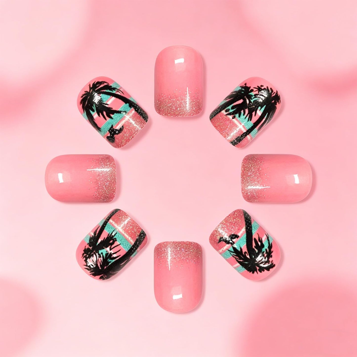Coconut Tree Press on Nails with Gold Glitter Design Glossy Pink Fake Nail Short Square False Nails Summer Stick on Nail for Women Daily Wear Ocean Glue on Artificial Fingernails