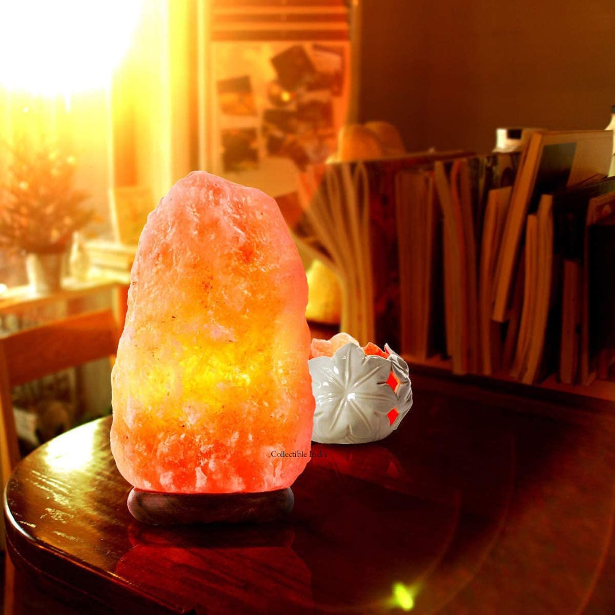 Kirit Gemstones Himalayan Rock Salt Lamp with Wooden Base Crystal Himalayan Salt Lamp Original for Positive Energy Household Bedroom Hall Table