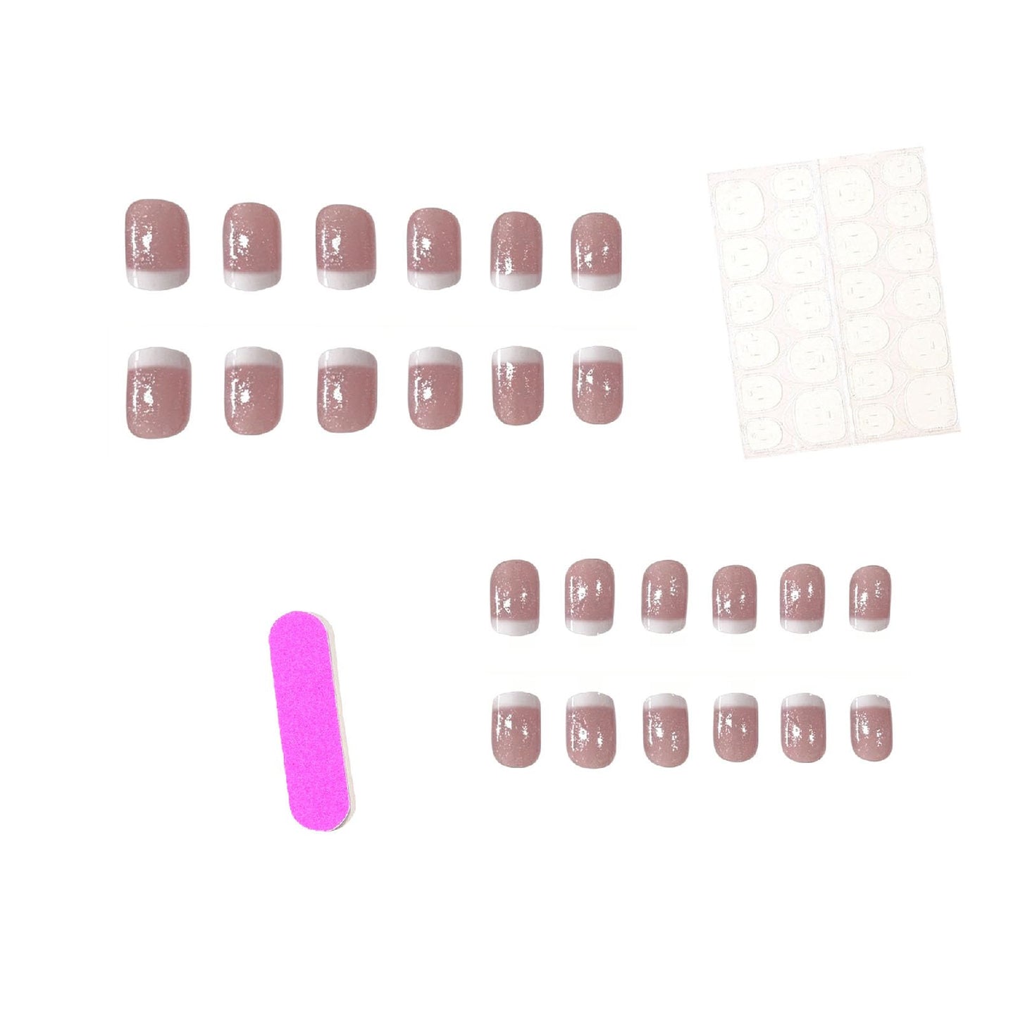 French Tip Press on Nails Short Square Fake Nails with Glitter Designs Nails Press ons Pink White Artificial Nails Simple Stick on Nails for Women 24Pcs