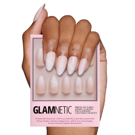 Glamnetic Press On Nails - Snowdrift | Opaque Gradient Ombre & Snowflake Graphic Short Almond Fake Nails in a Matte Finish, Salon Quality | 15 Sizes - 30 Nail Kit