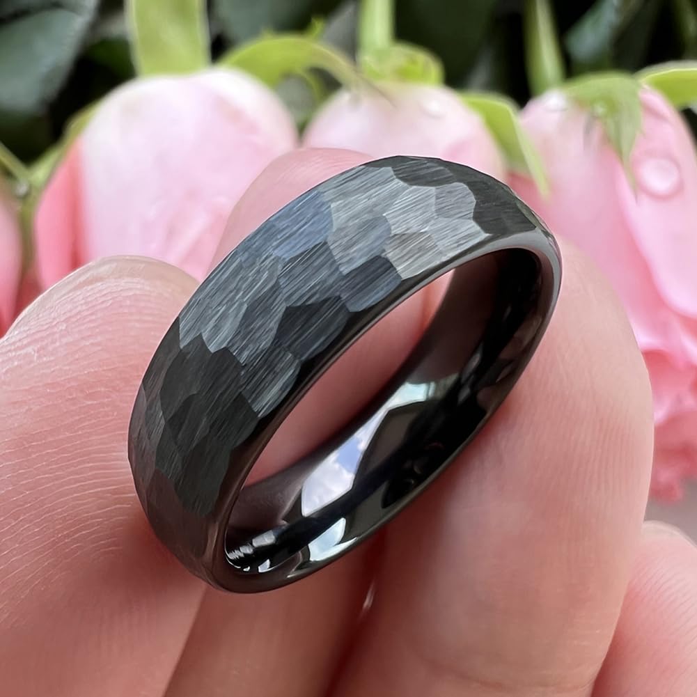 TUTISS 6mm Black Hammered Tungsten Carbide Rings for Men Women Engagement Wedding Bands Domed I Love You Engraved Comfort Fit Size 6