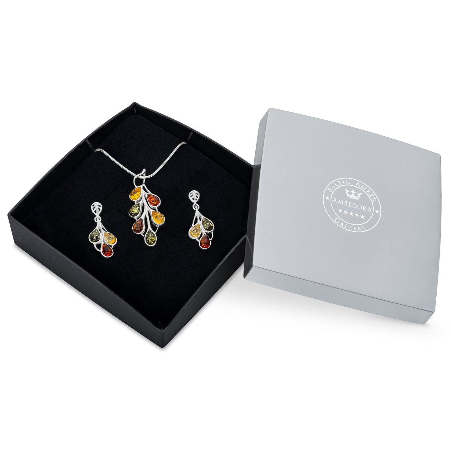 AMBEDORA Small Women's Jewellery Set Amber 458, Polished Sterling Silver, Colourful Baltic Amber, Silver Pendant on Chain and Earrings