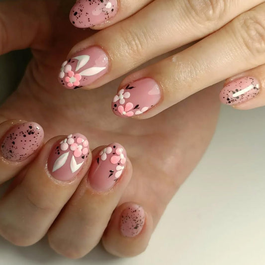 24Pcs Spring Pink Flowers Easter Press on Nails Short Oval Artificial Acrylic False Nails Floral Rabbit Design Full Cover Glossy Stick on Nail Artificial Fingernails for Women Festival Manicure