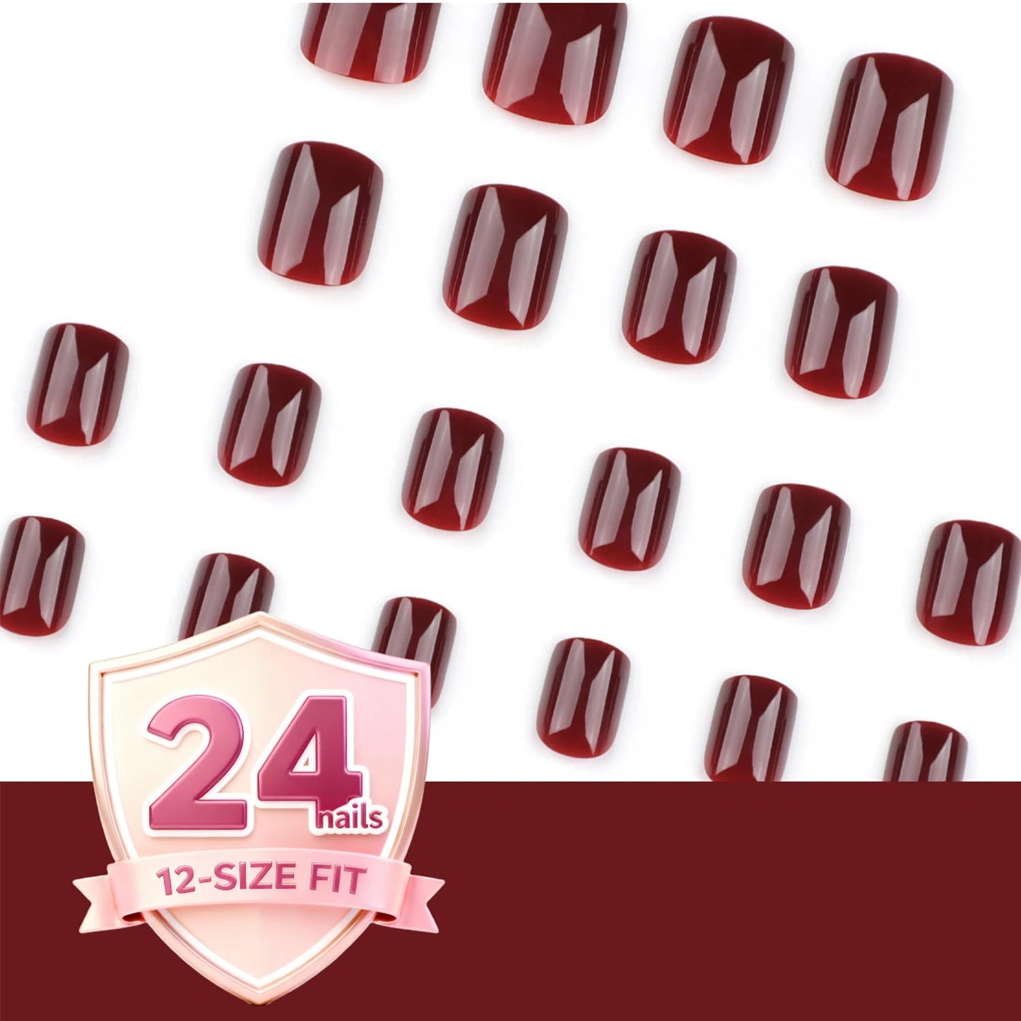 Taoyisent Burgundy Wine Red Short Press On Nails, Glossy Deep Red Fake Nails, Natural Square Shape Nail Tips, Reusable Press On False Nails for Women, Salon Quality Elegant Classic Style, 24PCS