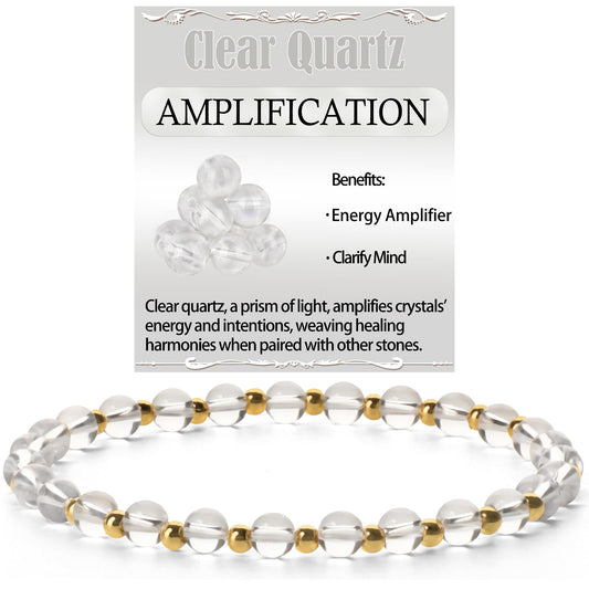 QOGIR Clear Quartz - Amplification - 14K Gold Plated Beads Natural Gemstone Stretch Elastic Dainty Healing Beaded Bracelets Gifts 4mm