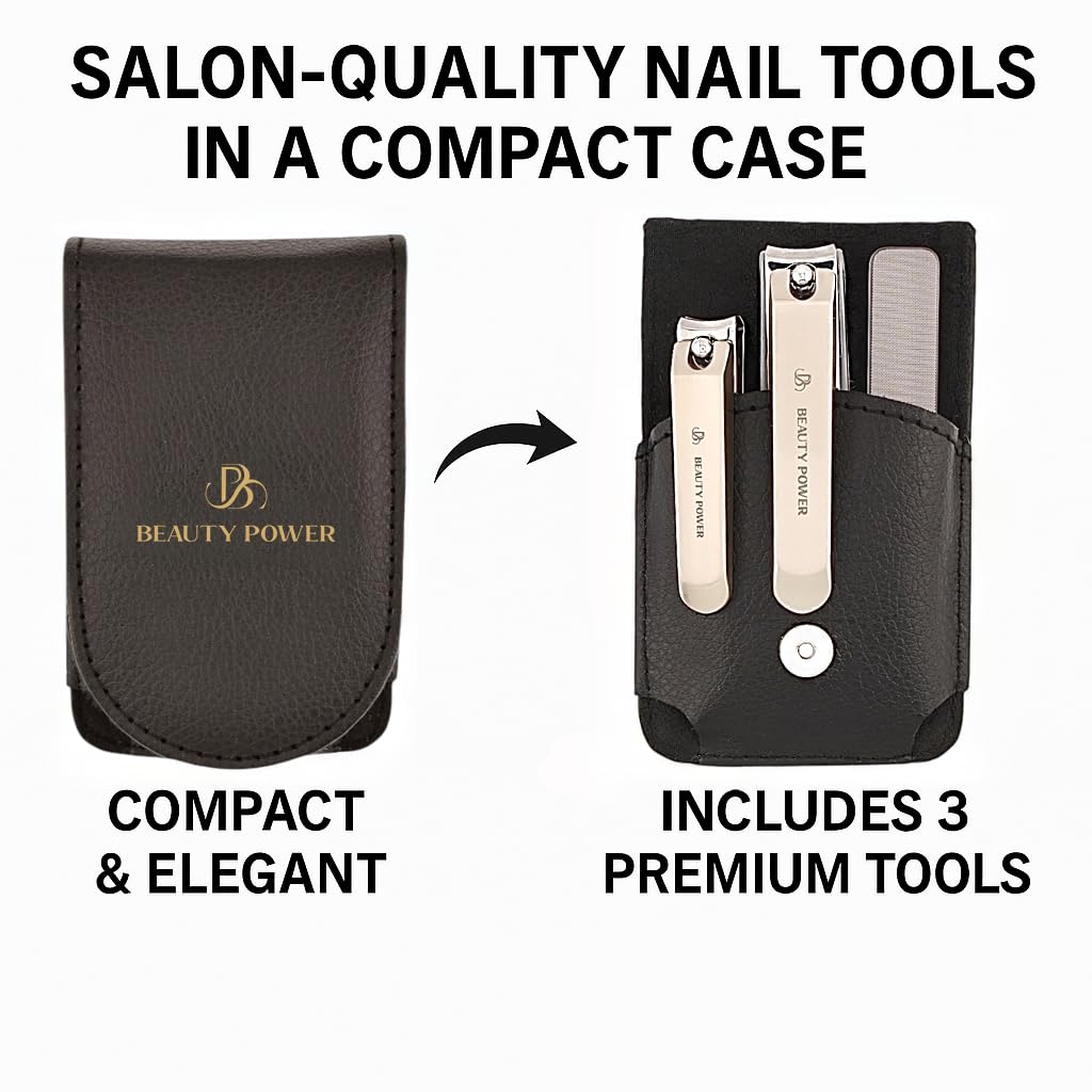 Beauty Power Nail Clippers Set 3 in 1 - Stainless Steel Toe Nail Clippers, Fingernail Clipper, Glass Nail File, Anti Splash, Ergonomic Grip in Black PU Leather Travel Case for Men & Women - Gift Idea
