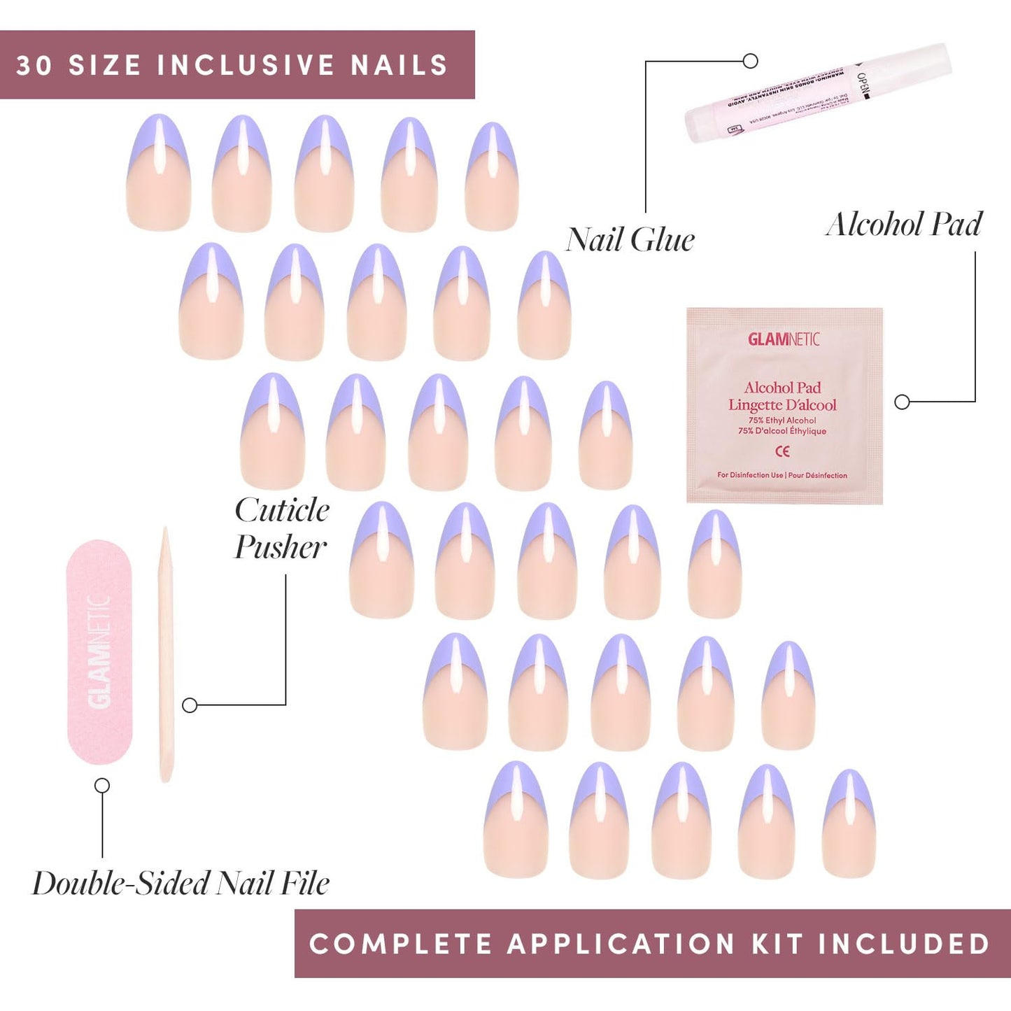 Glamnetic Press On Nails - French Lilac | Short Almond Fake Nails with Purple French Tips and a Glossy Finish, Salon Quality | 15 Sizes - 30 Nail Kit with Glue