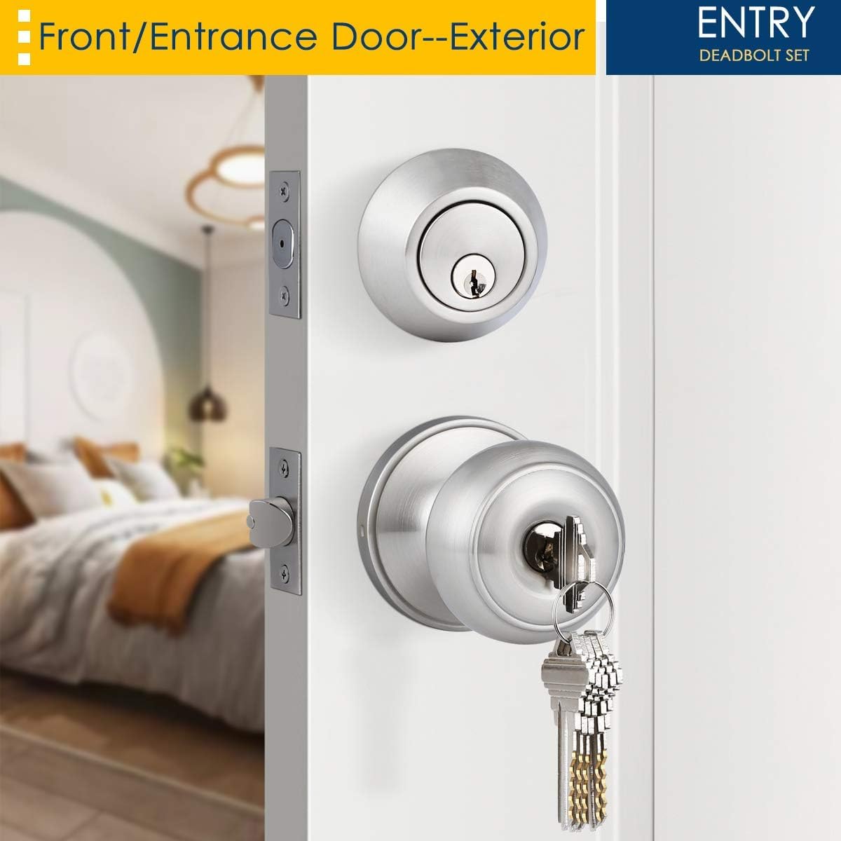 Brotima 3 Pack Keyed Alike Entry Door Knob and Deadbolt Set, Satin Nickel Double Cylinder Deadbolt Lock Set, Round Style Door Knobs Deadbolt for Exterior/Front Door