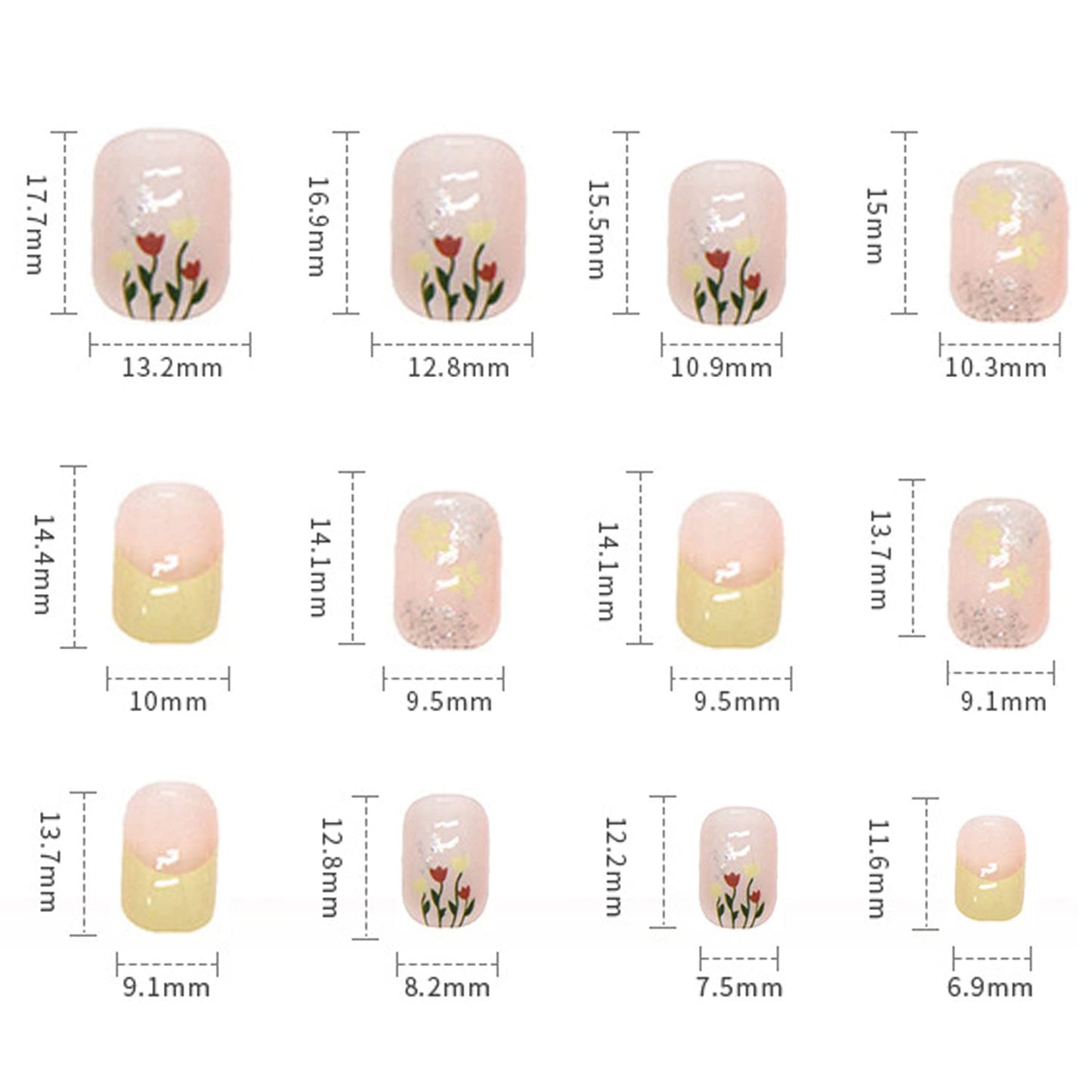 Tulip Press on Nails Short Square 24PCS Full Cover Reusable False Nails Kits, Glue on Nails with Flower Designs Artificial Glossy Fingernails Acrylic Fake Nails for Women Stick on Nails Coffin Shape