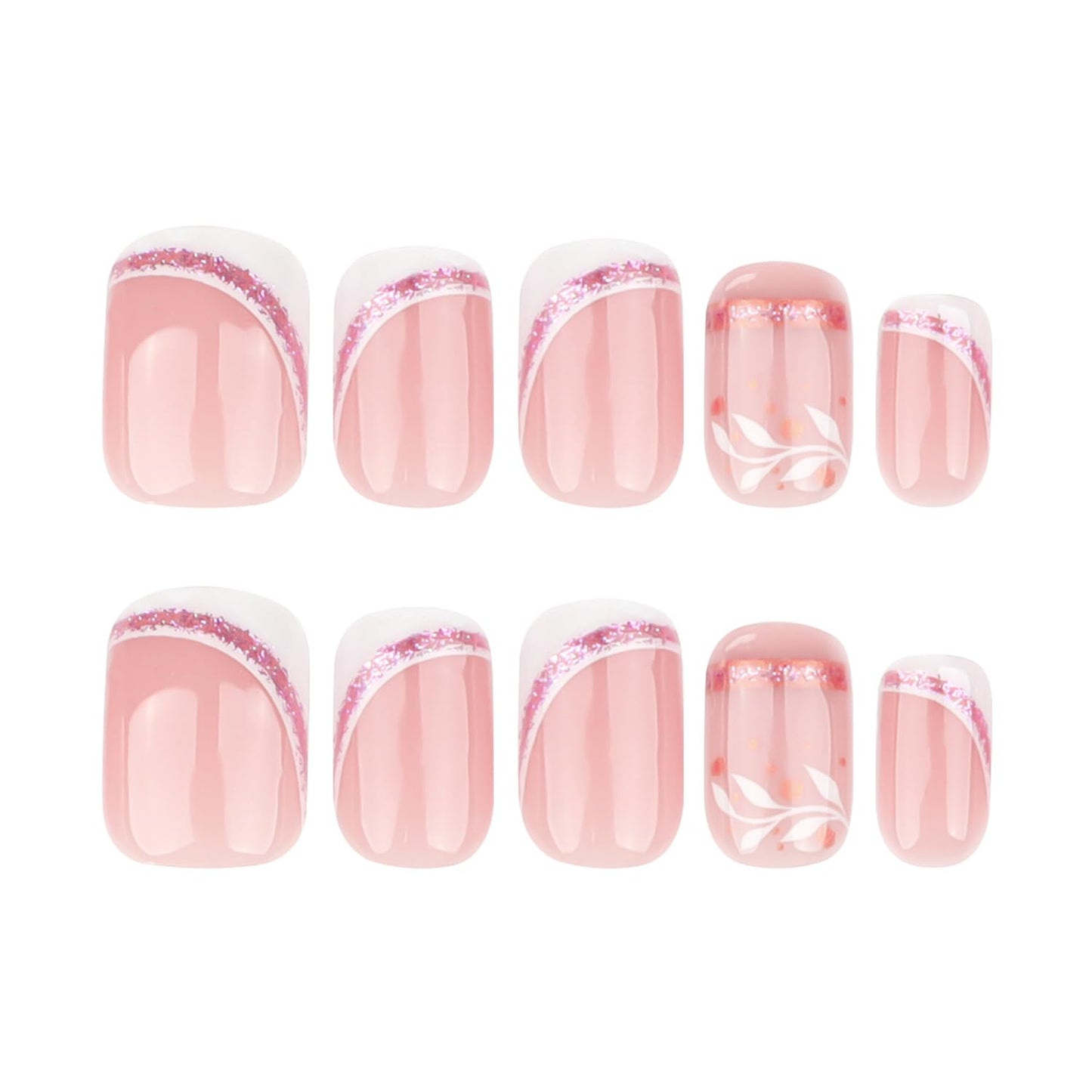 Taoyisent Nude Pink French Short Square Press On Nails, Short Square Fake Nails with Rose Gold Lines and Floral Design, Elegant Reusable Press On Nail Kit for Women, 24PCS French Manicure Set
