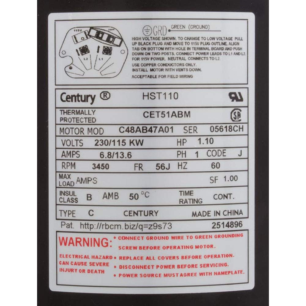 AO Smith/Century Electric Centurion PRO, Single Speed, 1.1HP, 3450RPM, 115/230V, 13.6/6.8 AMPS, 1SERVICE Factor, C-Face Flange