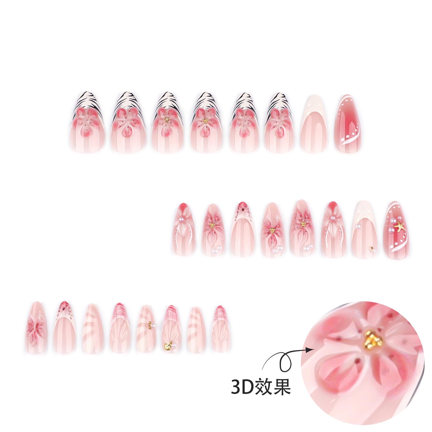 XZMeiLun 3D Pink Flower Press on Nails Medium Almond – White French Pear Designs, Acrylic Reusable Fake Nails with Adhesive Tabs Glue, Salon Quality Nail Press Ons - 24Pcs Nail Kit for Women Manicure