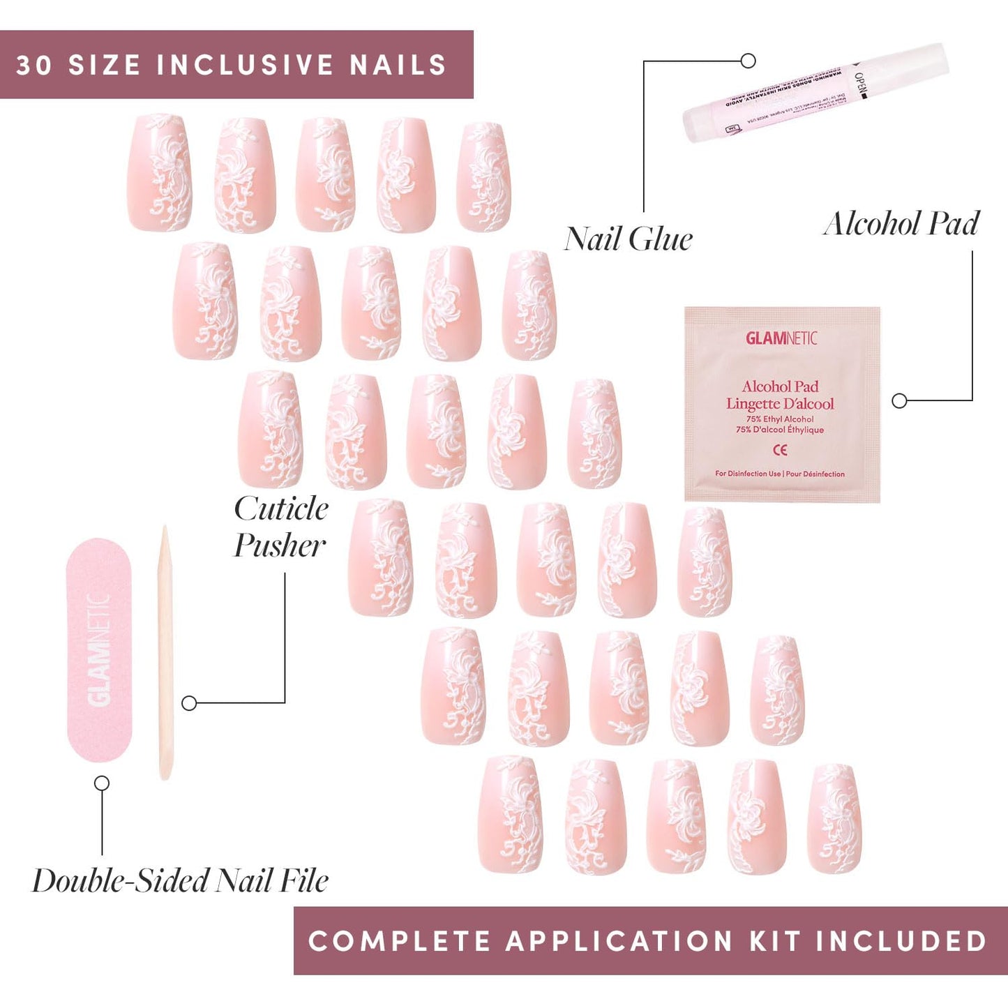 Glamnetic Press-On Nails & Adhesive Nail Tabs - Lace Blush | Medium Coffin Fake Nails with Lace Detailing | 15 Sizes - 30 Nail Kit with Adhesive Tabs