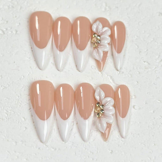 Long Press on Nails Almond Handmade Nails with Glue,French Tip False Nails Nude Pink Nail Press ons 5D Flower Art Design Muti-Layer Gel Handmade Nail Luxury False Nails for Women (Size S)