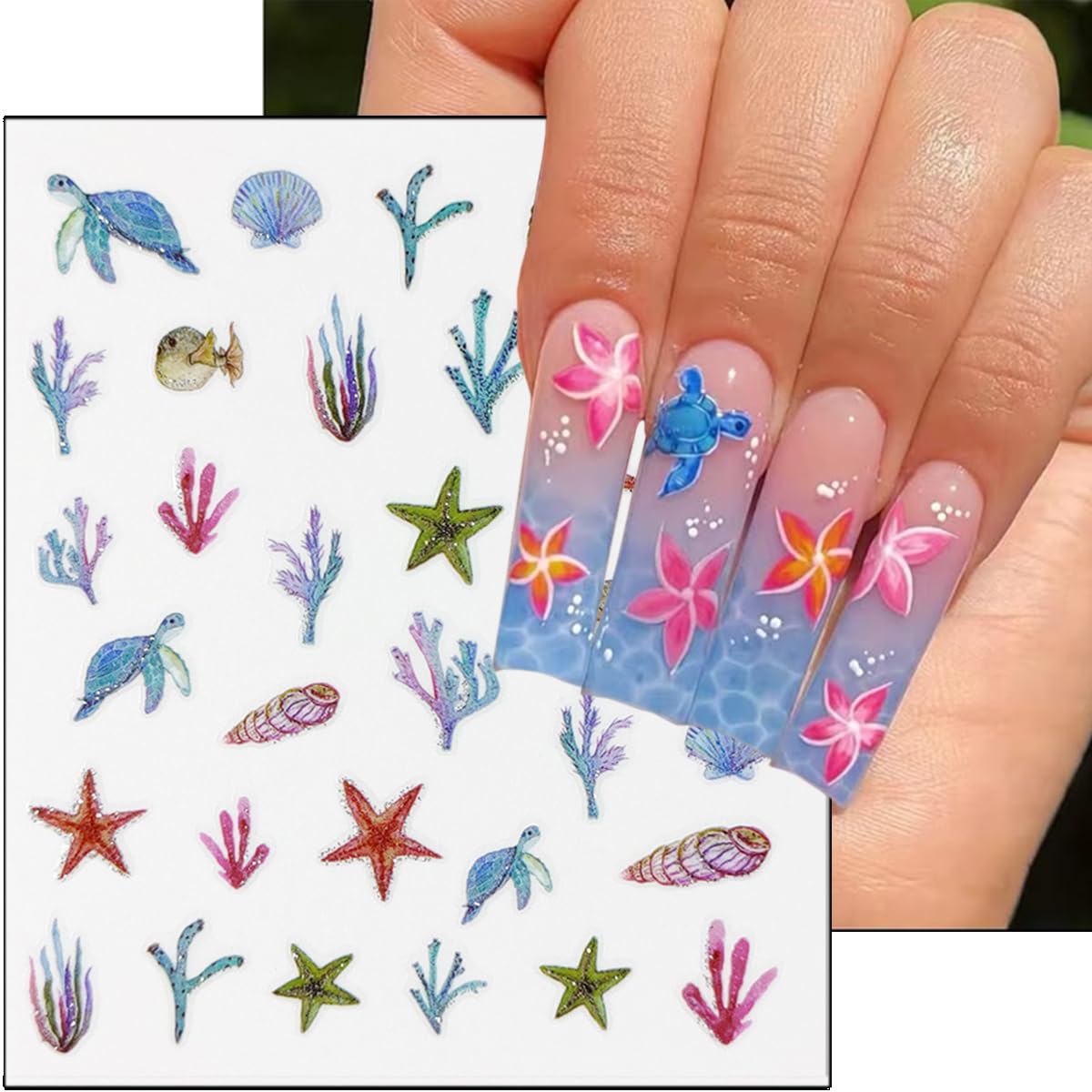 6Pcs Summer Nail Stickers for Nails Art 3D Self Adhesive Beach Nail Decals Tropical Octopus Crab Sea Turtle Shell Design Ocean Nail Supplies Accessories Seahorse Starfish Nail Art Stickers for Women