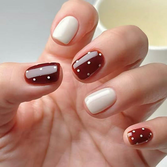 Press on Nails Short Square MABKJLF Fake Nails False Nails with White Polka Dots Designs Glossy Glue on Nail Reusable Full Cover Acrylic Nails for Women Girls 24Pcs
