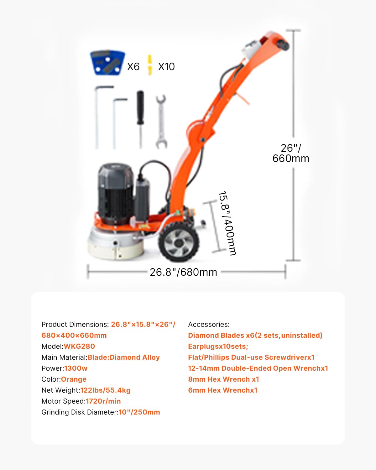 VEVOR 10" Electric Concrete Floor Grinder, 1.7HP Walk-Behind Polisher, 1300W Grinding Machine with 1720RPM Brushless Motor, Heavy-Duty Surfacing Tool for Granite and Concrete Floors