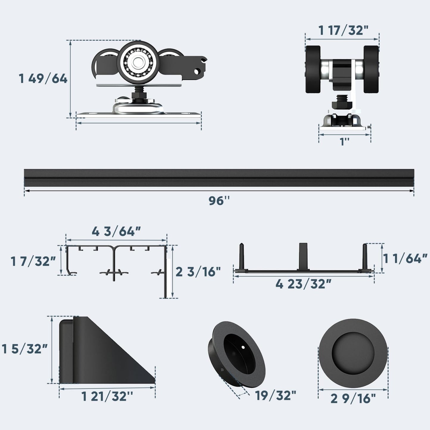 JUBEST 8FT Heavy Duty Bypass Door Hardware with Finger Pulls,Sturdy Aluminum Sliding Closet Door Track for 2 door System,Quietly and Smoothly,Fit Door Thickness 1 3/8" or 1 3/4",Easy to Install, Black