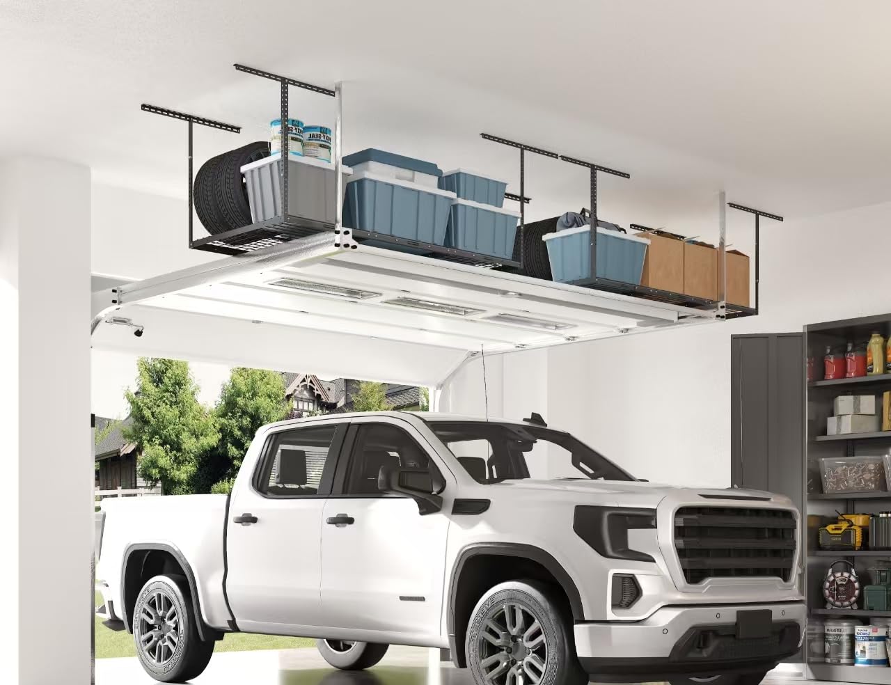 FLEXIMOUNTS 3x6 Overhead Garage Storage Rack, plus 3-Tier 1x4ft Wall Mounted Adjustable Shelving Unit, 450lbs+450lbs Capacity, Black Steel Frame