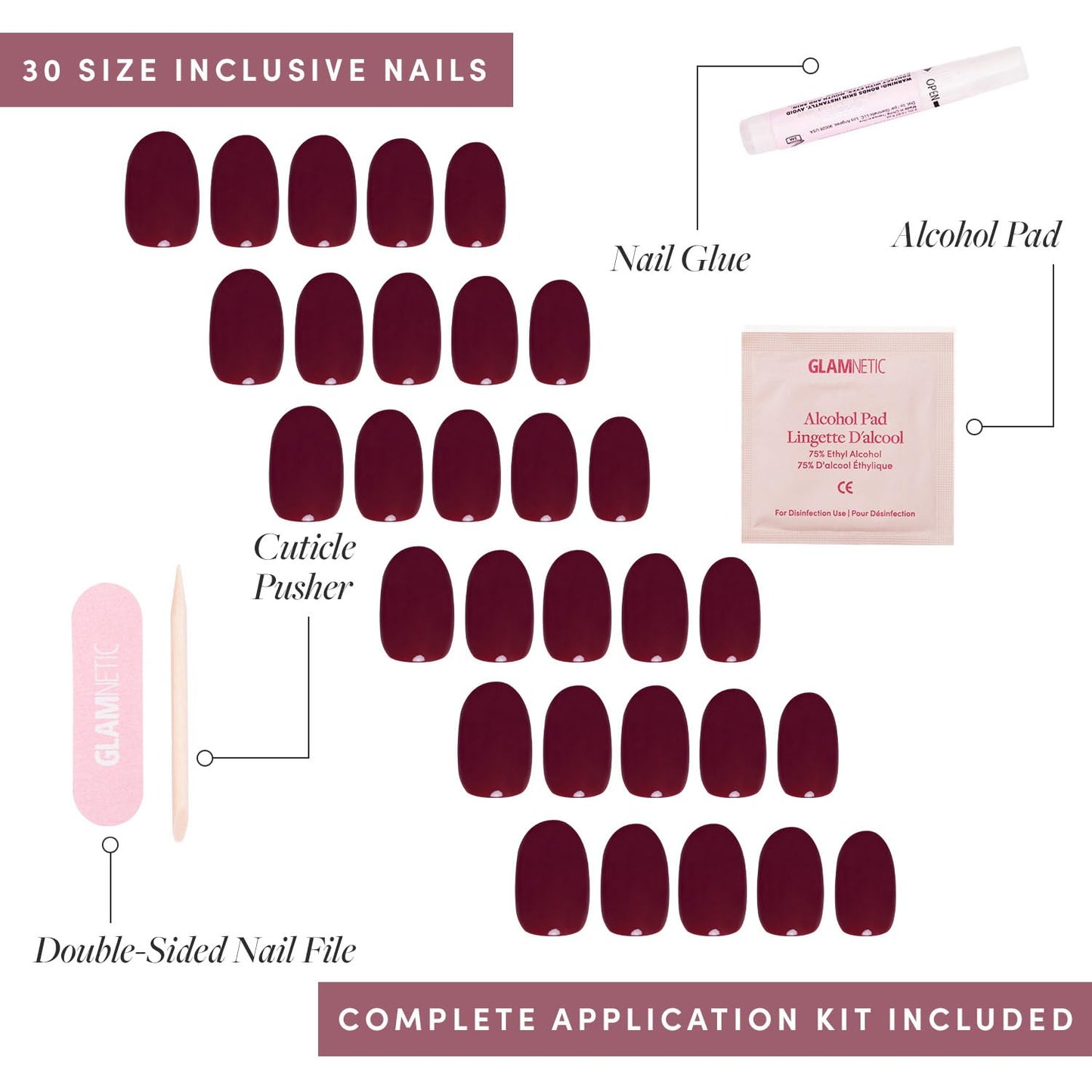 Glamnetic Press-On Nails Bundle - Jet Black & Berry Maroon | Short Squoval Black Fake Nails with a Glossy Finish | Dark Red Maroon Short Round Nails | Durable, Salon-Quality Nail Kits