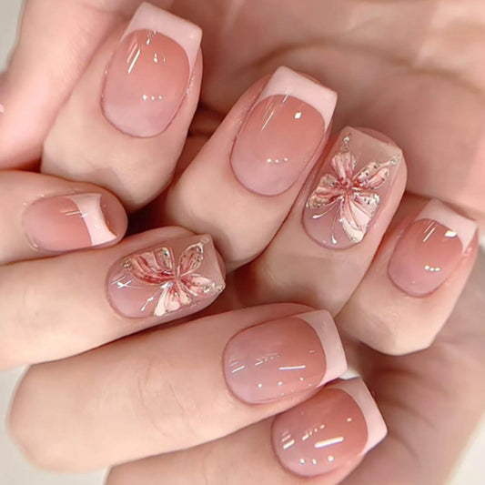 Gifiky 24Pcs French Tip Press on Nails - Short Square False Nails with Acrylic Elegant & Natural Butterflies Design, Nude Fake Nails for Women,Reusable Glue on Nails Full Cover Tips