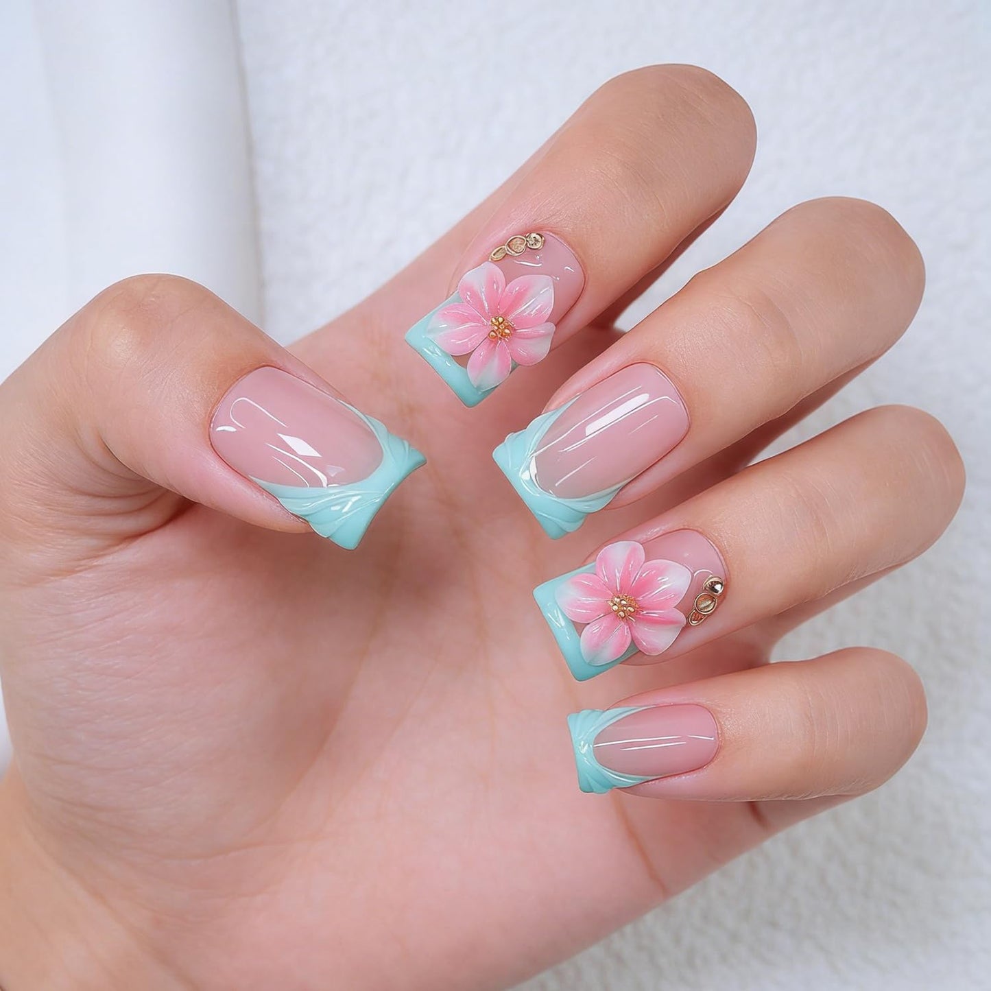 Duck Press on Nails Handmade 3D Pink White Flower Fake Nails Muti-Layer Soft Gel Short Blue French Tip Acrylic Nails Salon Quality Handmade False Nail Press Ons Luxury Stick on Nail for Women (S)