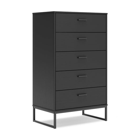 Signature Design by Ashley Socalle Casual Contemporary Chest of Drawers with Dark Pewter Hardware and Metal Legs, 5 Drawers, Wood, 50.67" High, Matte Black