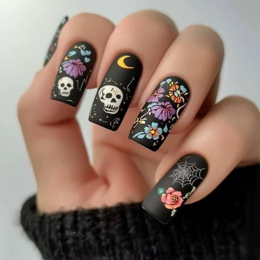 IMSOHOT Halloween Press on Nails Long Square Fake Nails Matte Black Acrylic Full Cover False Nails with Flower & Skull Designs Goth Punk Glue on Nails for Women DIY Manicure