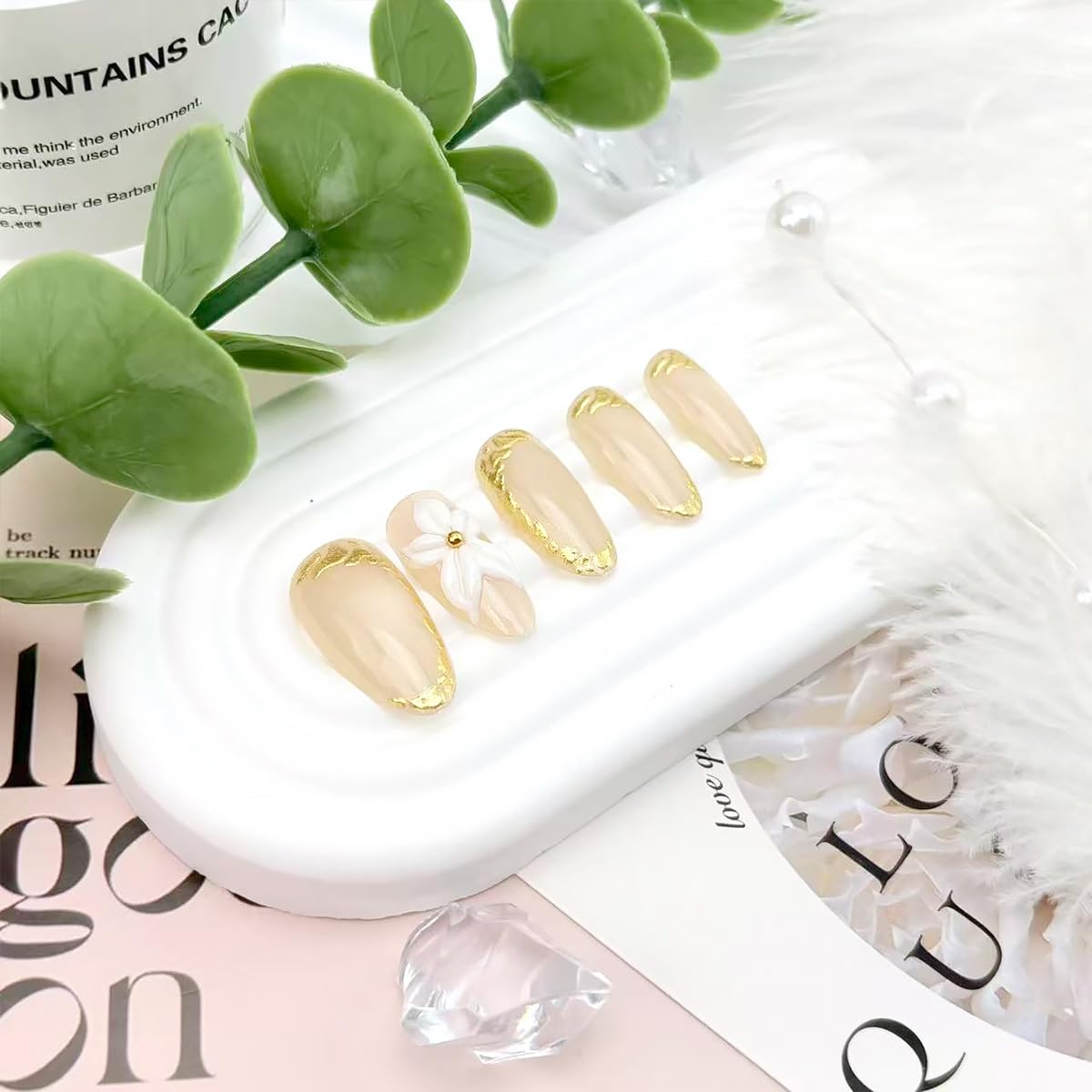 30Pcs Flower Press on Nails Medium Almond Fake Nails with Gilding Line Design 3D White Flower False Nails Gold Rhinestones Artificial Stick on Nails glitter Full Cover Glue on Nail for Women Supplies