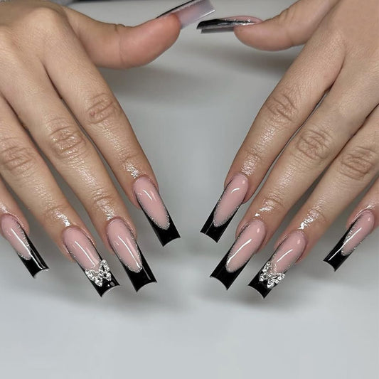 RUPOFUZA Extra Long Press on Fake Nails Black French Tip 24Pcs Square with Butterfly Nail Charms Designs Acrylic Press ons Artificial Stick on False Nails for Women
