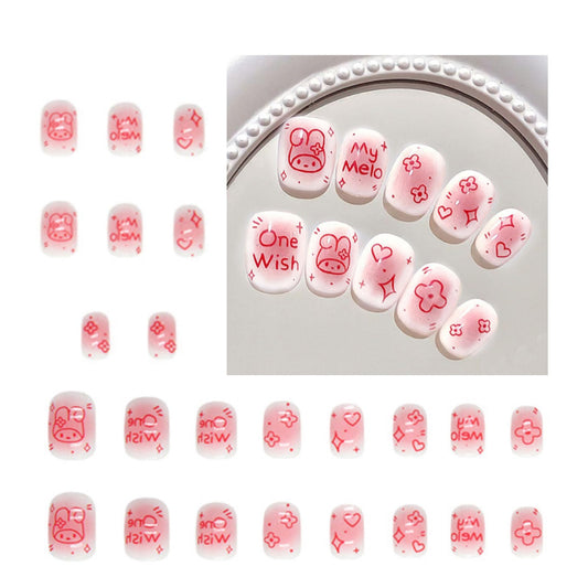 Generic 24PCS Pink Rabbit Short Press on Nails,Pink Press on Nails Short for Girls and Women,Fake Nails Kit with Glue Jelly Glue Stick Mini File and Wet Wipes