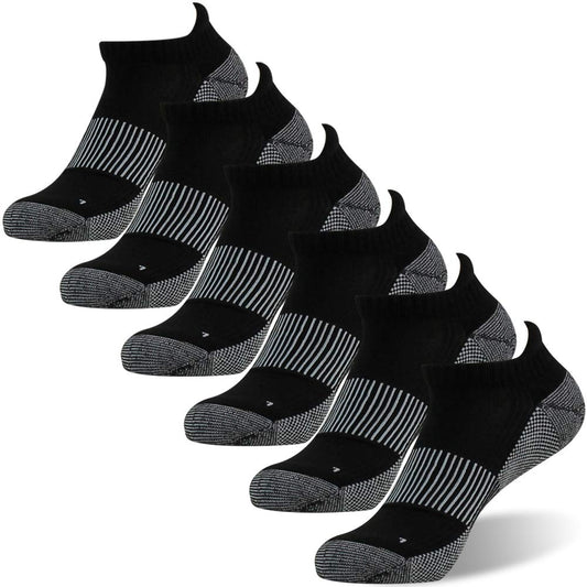 FOOTPLUS 6 Pairs Copper Running Socks,Men Women Thick Cushioned Low Cut Jogging Golf Tennis Arch Support Compression Marathon Athletic Sweat Ankle Yoga Gym Travel Socks,Black, L